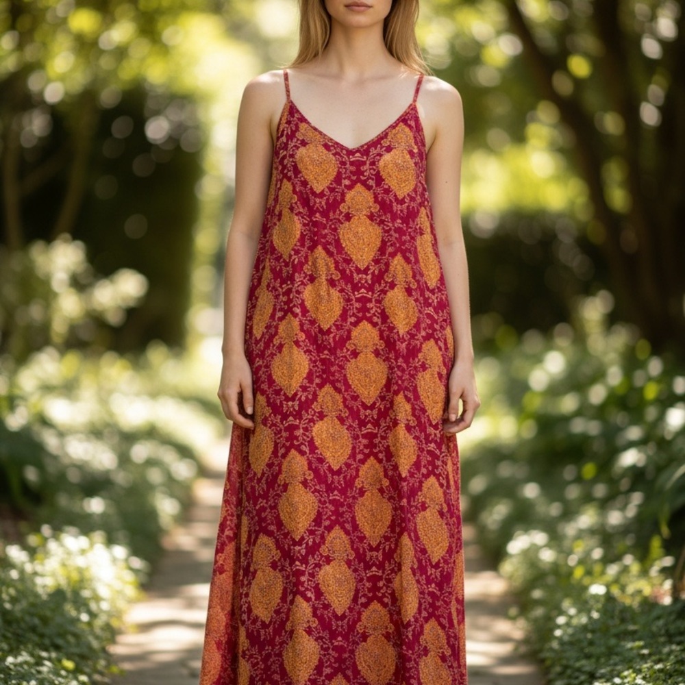 Vibrant Maxi dress  in Red and Gold.  Y2k. Boho.‎ Beach #fairy #whinsical